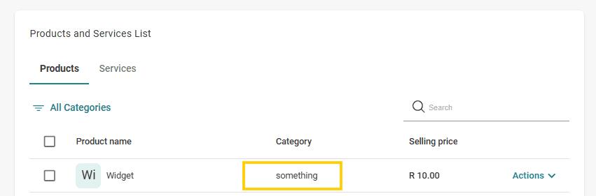 Step 3: Custom category is displayed alongside the product in the list of products
