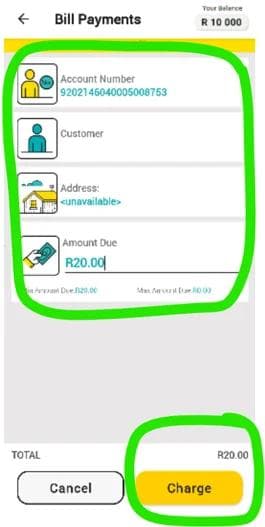 Step 6 - Confirm the account details, the amount and select "Charge".
