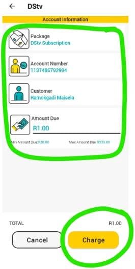 Step 5 - Confirm the account details, confirm the amount and select "Charge"