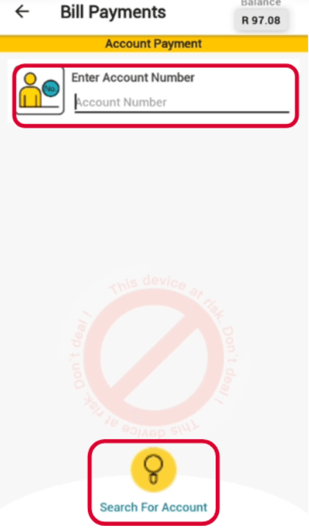 Step 5 - Enter the account number and select "Search for account".
